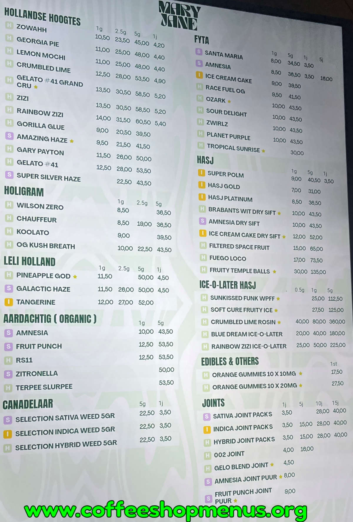 Mary Jane Menu 1